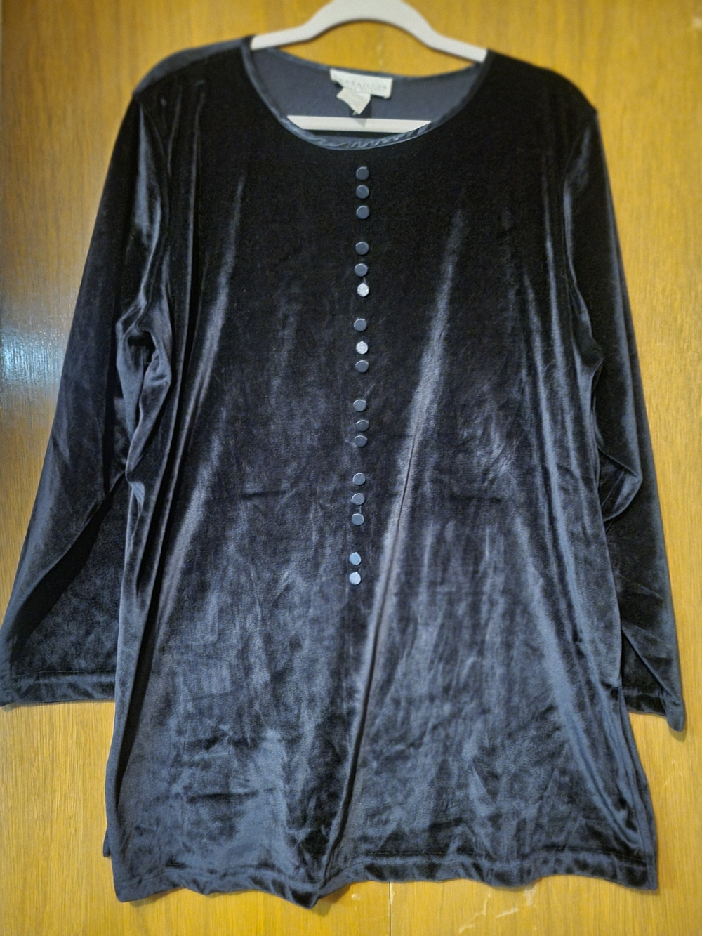 Velvet Long Sleeve Tunic with Front Button Detail - Black